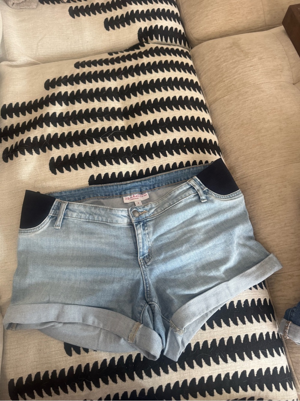 Light Wash Denim Roll Cuff Shorts with Black Stretch Panels